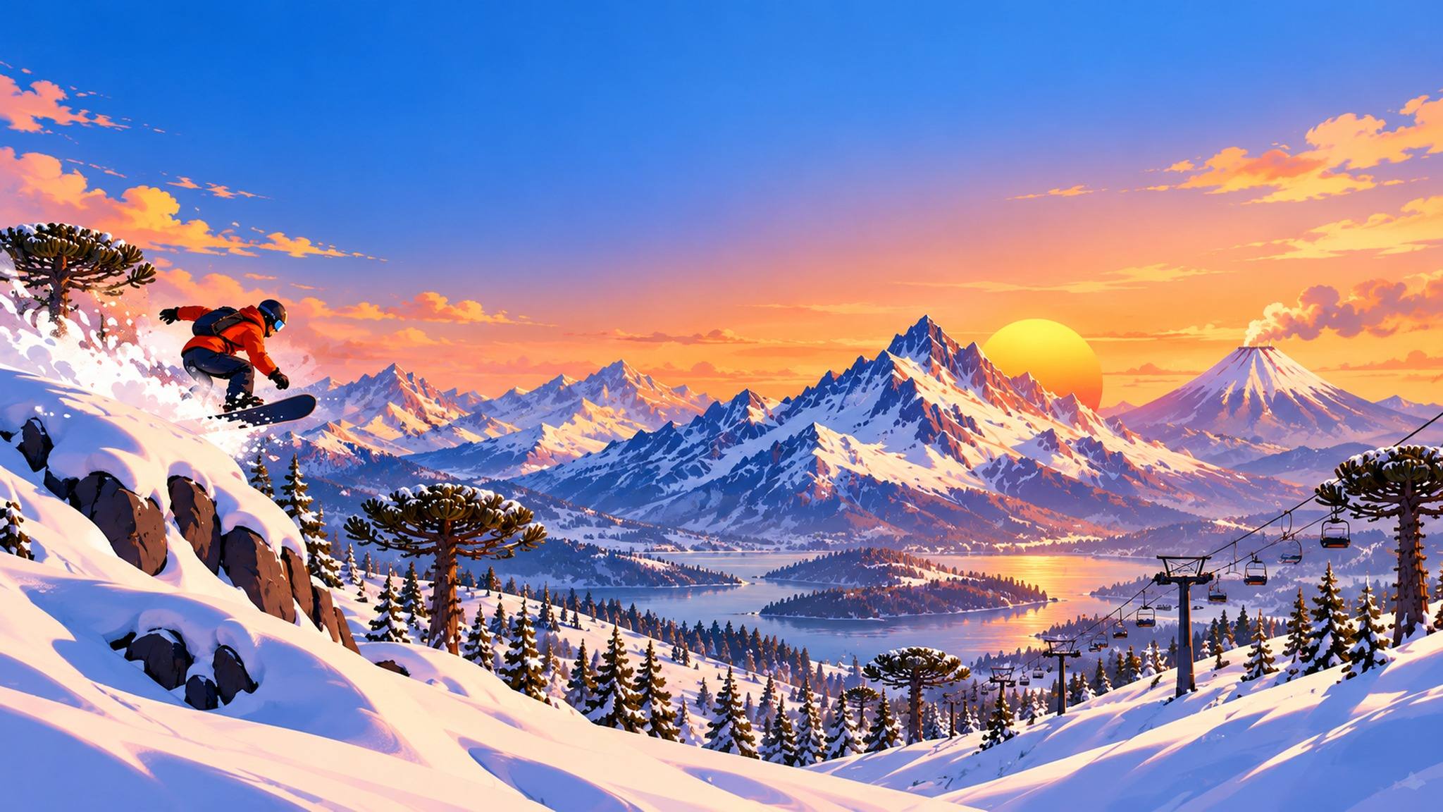 Ilustración: un snowboarder salta entre araucarias nevadas; al fondo, la cordillera al atardecer y un andarivel.